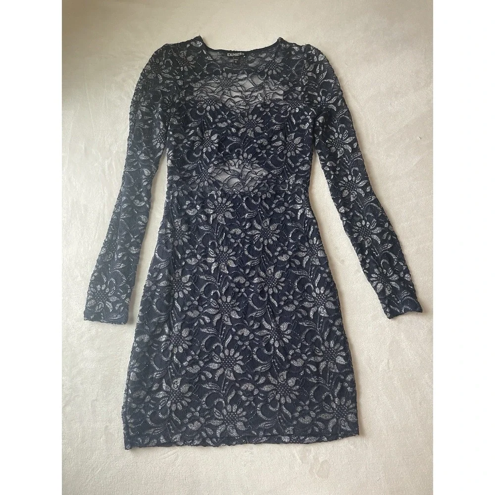 express homecoming dresses | | Express Shimmery Navy Sheer Lace Long Sleeve Floral Party Dress Xs cinematic dress